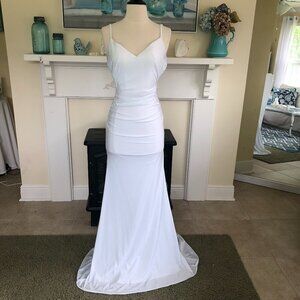 La Femme Gown 28287 Open Back Jersey Ruched Maxi Evening Gown White Size 2 NWOT
